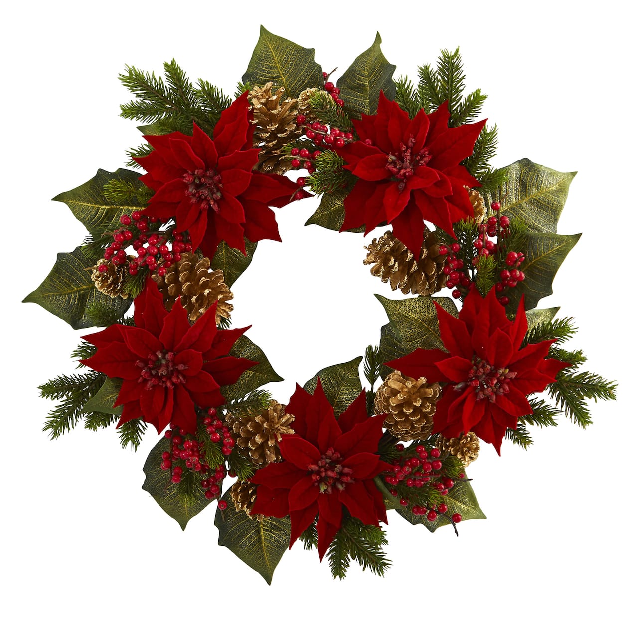 24" Poinsettia, Berry and Golden Pinecone Artificial Wreath